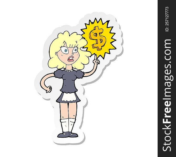 Sticker Of A Cartoon Waitress With Money Symbol