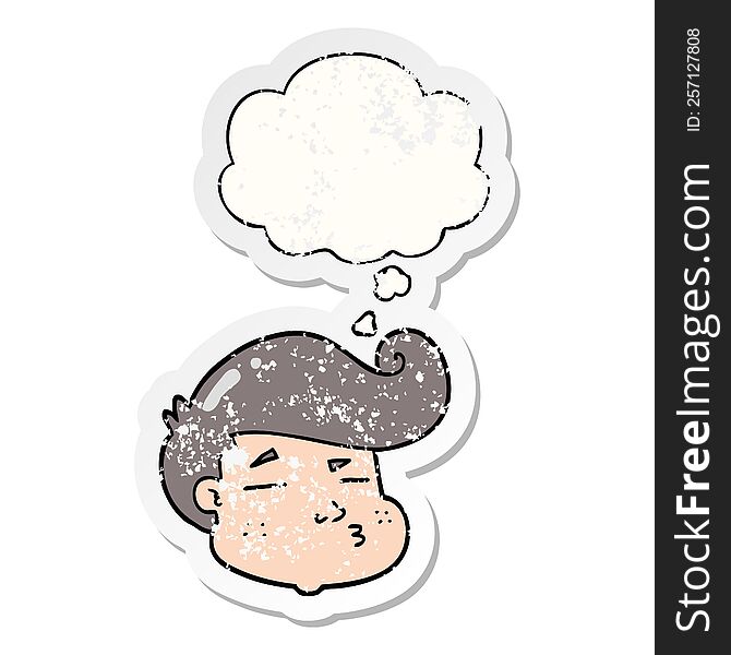 cartoon boy\'s face with thought bubble as a distressed worn sticker