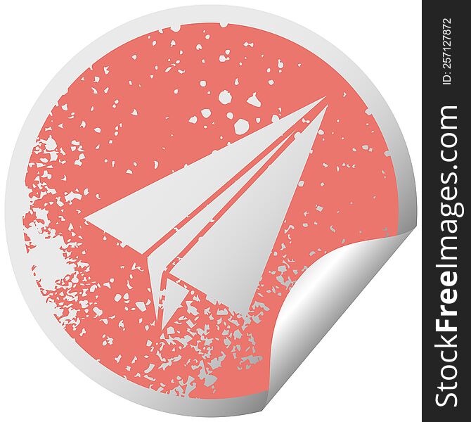 distressed circular peeling sticker symbol of a paper plane