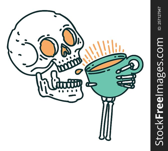 iconic tattoo style image of a skull drinking coffee. iconic tattoo style image of a skull drinking coffee