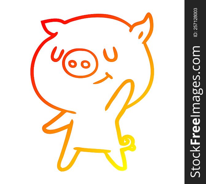 Warm Gradient Line Drawing Happy Cartoon Pig Waving