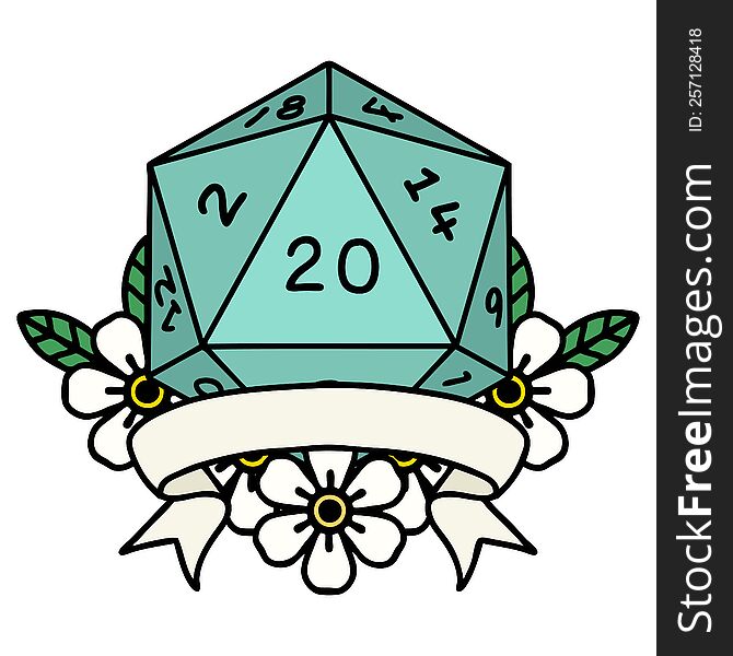 Retro Tattoo Style natural 20 critical hit D20 dice roll. Retro Tattoo Style natural 20 critical hit D20 dice roll