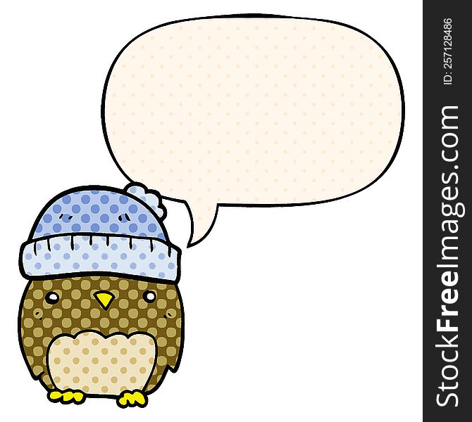 Cute Cartoon Owl In Hat And Speech Bubble In Comic Book Style