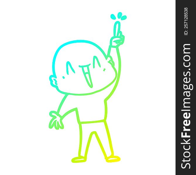 cold gradient line drawing of a happy cartoon bald man with great idea