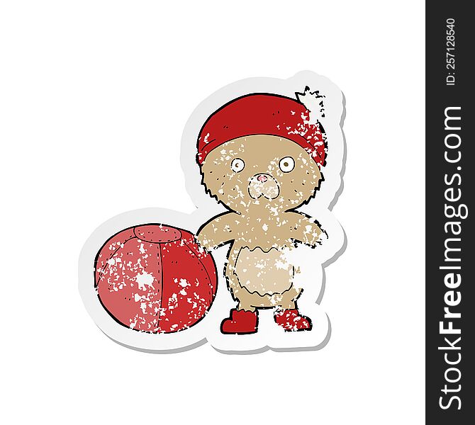 Retro Distressed Sticker Of A Cartoon Bear In Hat With Ball