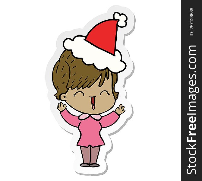 hand drawn sticker cartoon of a laughing woman wearing santa hat