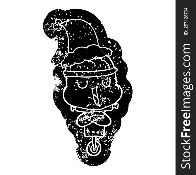 Happy Cartoon Distressed Icon Of A Robot Wearing Santa Hat
