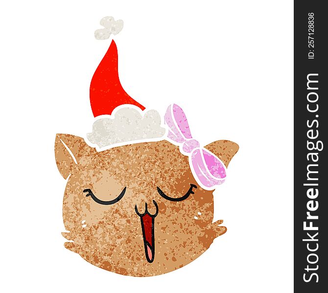 hand drawn retro cartoon of a cat face wearing santa hat