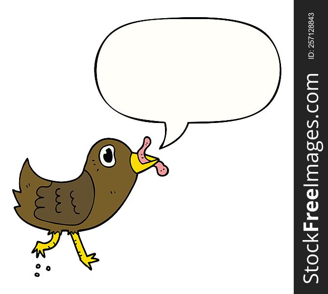 cartoon bird with worm with speech bubble. cartoon bird with worm with speech bubble