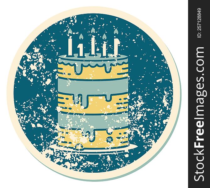 iconic distressed sticker tattoo style image of a birthday cake. iconic distressed sticker tattoo style image of a birthday cake