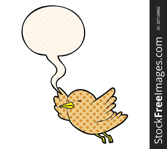 cartoon bird flying with speech bubble in comic book style