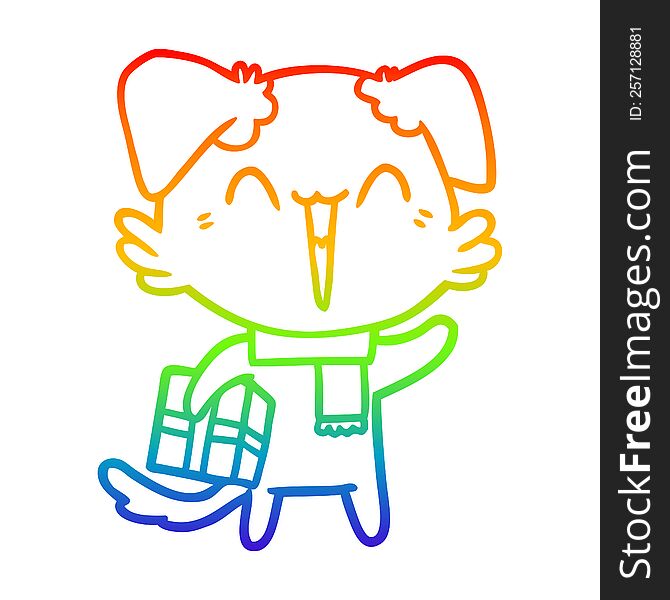 rainbow gradient line drawing of a happy little cartoon dog in winter clothes
