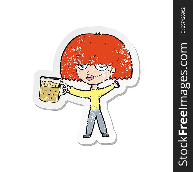 retro distressed sticker of a cartoon woman with mug of beer