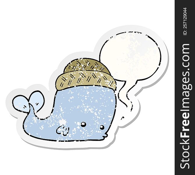 Cartoon Whale Wearing Hat And Speech Bubble Distressed Sticker