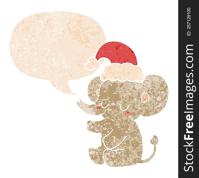 Cute Christmas Elephant And Speech Bubble In Retro Textured Style