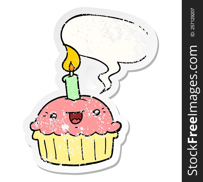 Cartoon Cupcake And Candle And Speech Bubble Distressed Sticker