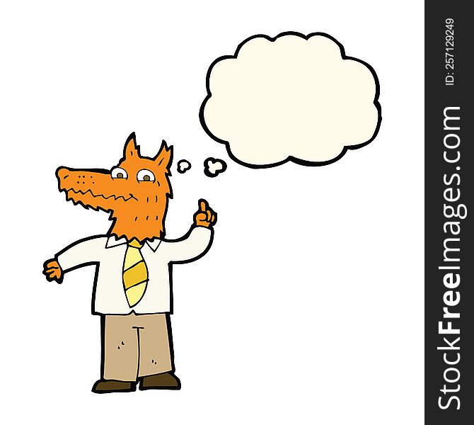 cartoon business fox with idea with thought bubble