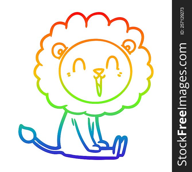 Rainbow Gradient Line Drawing Laughing Lion Cartoon Sitting