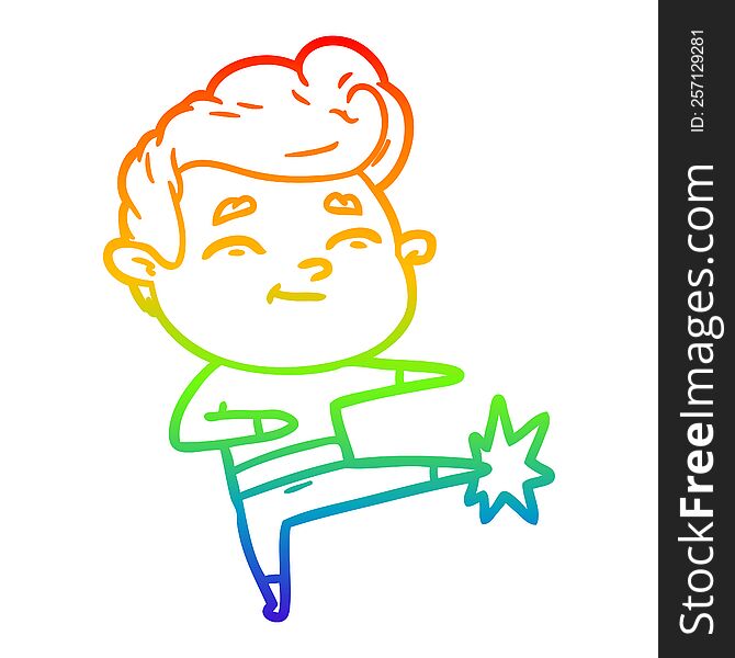 rainbow gradient line drawing of a happy cartoon man kicking