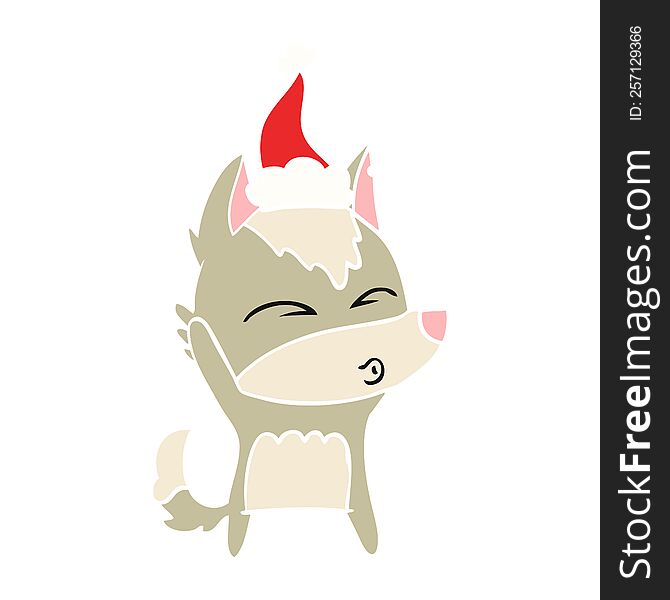 hand drawn flat color illustration of a wolf whistling wearing santa hat