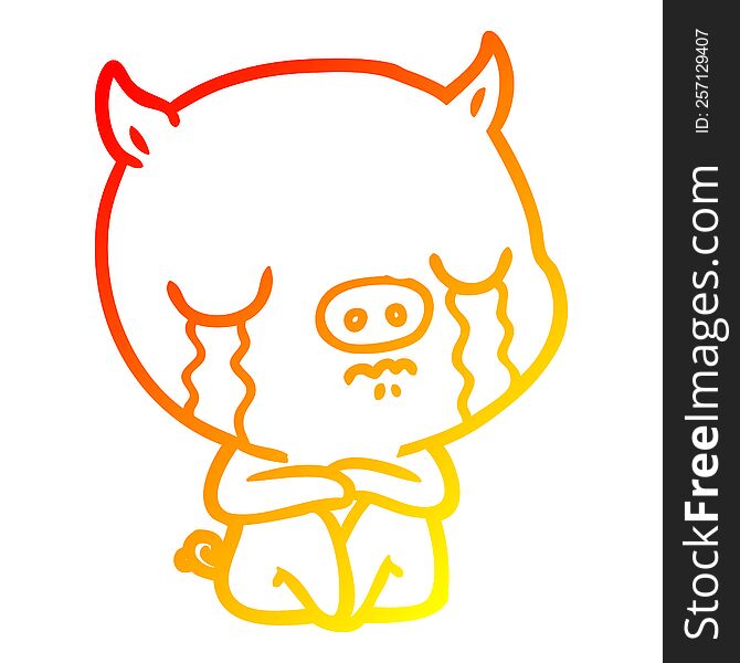 Warm Gradient Line Drawing Cartoon Sitting Pig Crying
