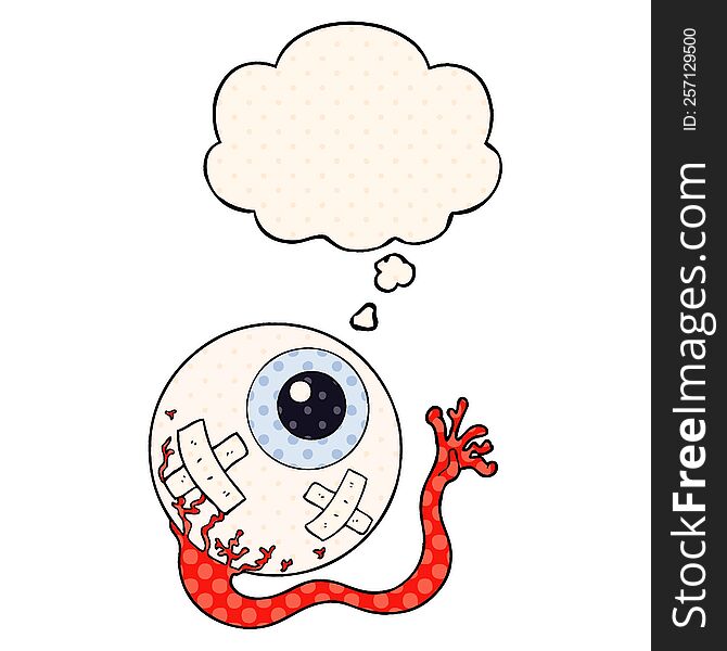 cartoon injured eyeball with thought bubble in comic book style