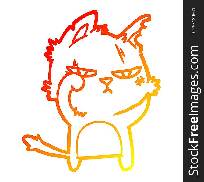 warm gradient line drawing of a tough cartoon cat