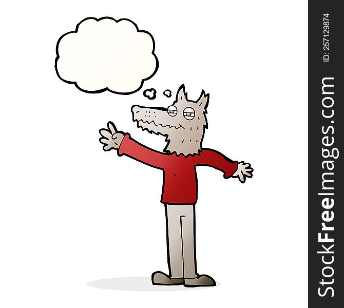 cartoon waving wolf with thought bubble