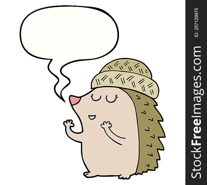 cartoon hedgehog wearing hat with speech bubble
