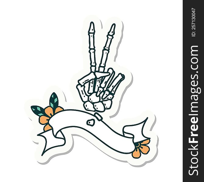 tattoo style sticker with banner of a skeleton giving a peace sign. tattoo style sticker with banner of a skeleton giving a peace sign