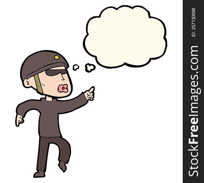 cartoon man in bike helmet pointing with thought bubble