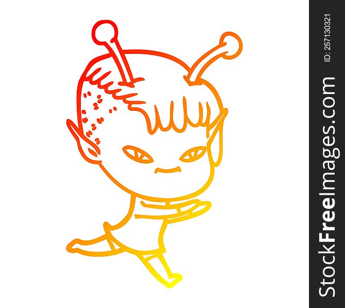 Warm Gradient Line Drawing Cute Cartoon Alien Girl