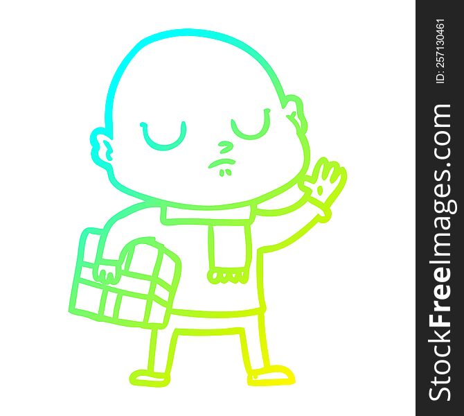 cold gradient line drawing of a cartoon bald man with xmas gift