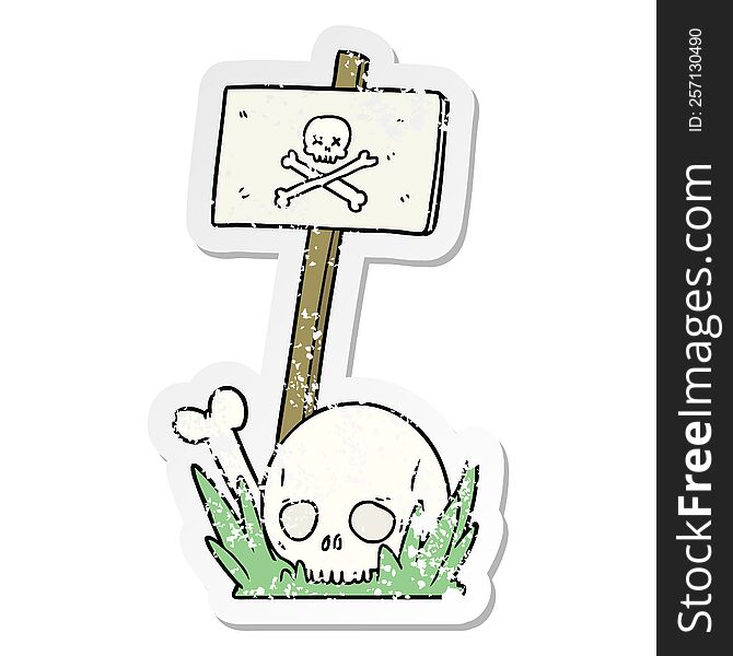 distressed sticker of a cartoon skull bones and warning sign