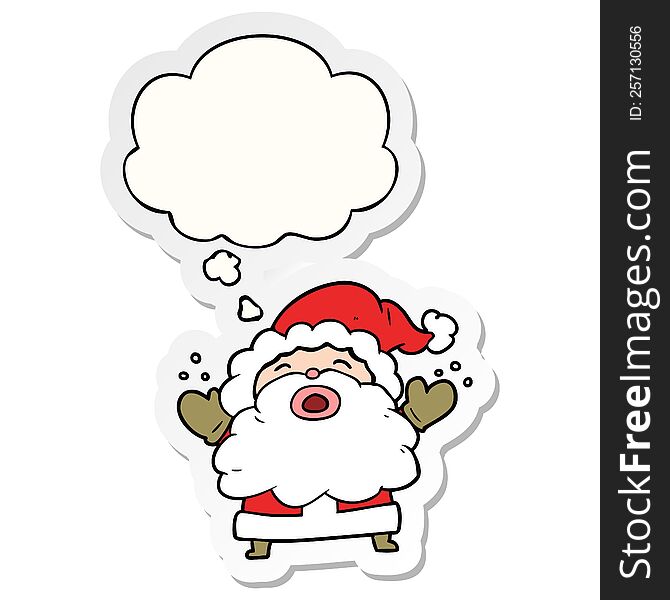 cartoon santa claus shouting with thought bubble as a printed sticker