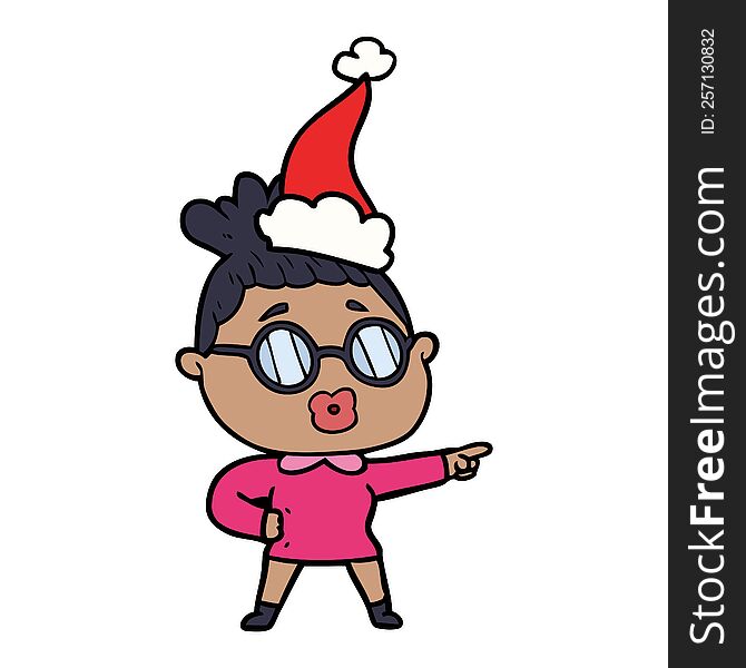 Line Drawing Of A Pointing Woman Wearing Spectacles Wearing Santa Hat