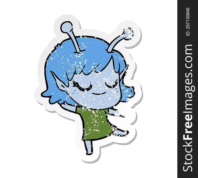 distressed sticker of a smiling alien girl cartoon