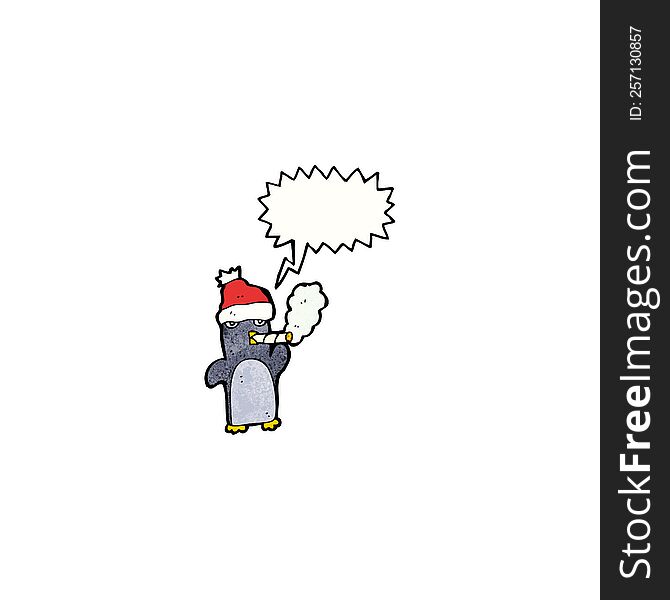 Cartoon Penguin In Christmas Hat Smoking Cigarette