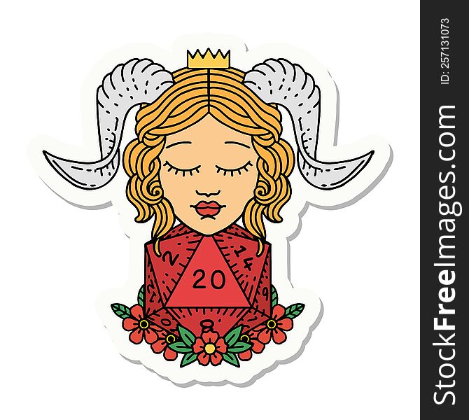 sticker of a tiefling with natural twenty d20 dice roll. sticker of a tiefling with natural twenty d20 dice roll