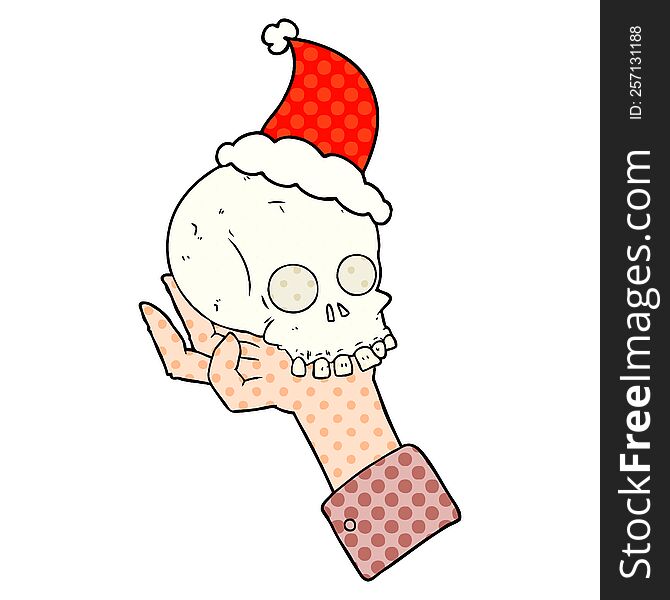 Comic Book Style Illustration Of A Hand Holding Skull Wearing Santa Hat