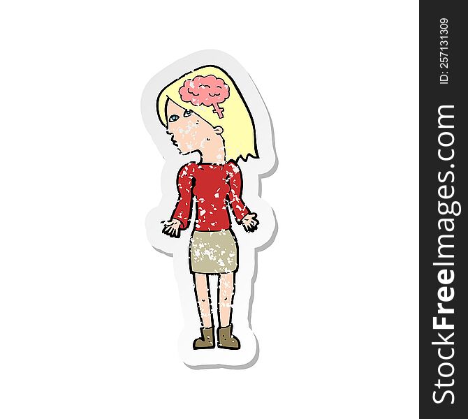Retro Distressed Sticker Of A Cartoon Clever Woman Shrugging Shoulders