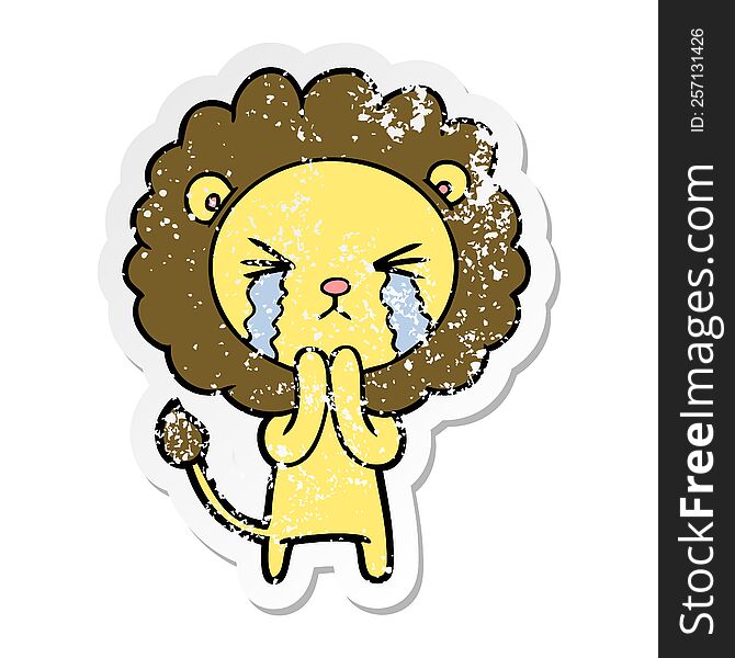 distressed sticker of a cartoon crying lion praying