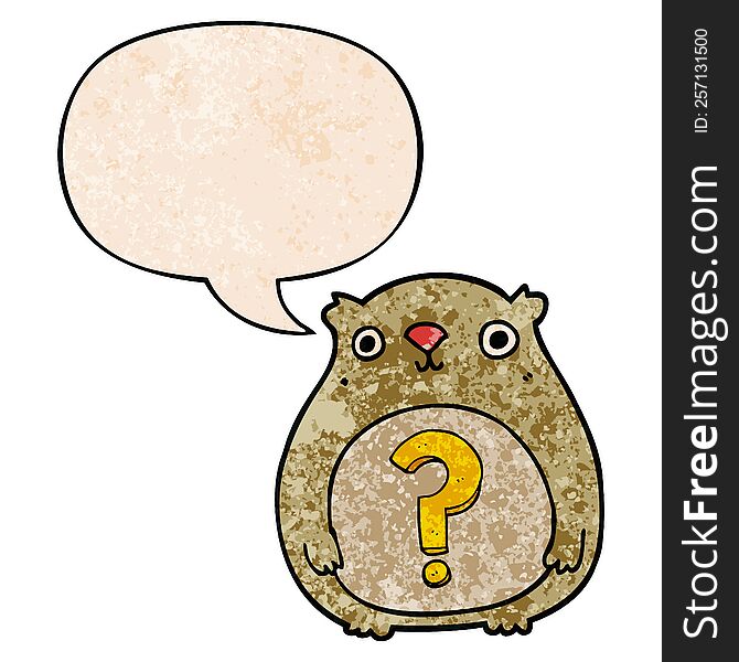 cartoon curious bear with speech bubble in retro texture style
