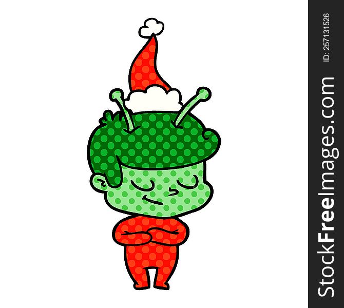 friendly hand drawn comic book style illustration of a spaceman wearing santa hat