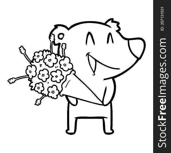 laughing bear cartoon with flowers. laughing bear cartoon with flowers