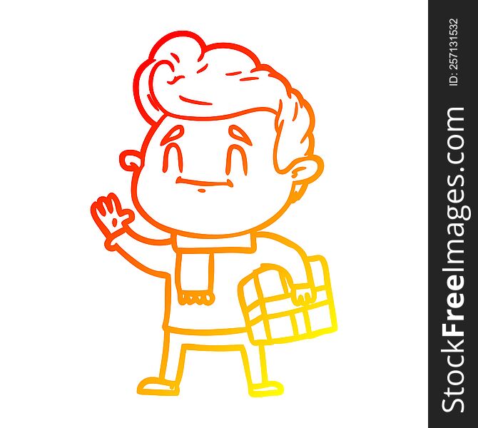 warm gradient line drawing of a happy cartoon man with gift