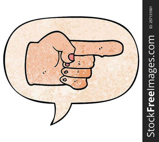 cartoon pointing hand with speech bubble in retro texture style