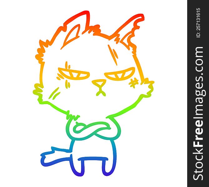 rainbow gradient line drawing of a tough cartoon cat folding arms