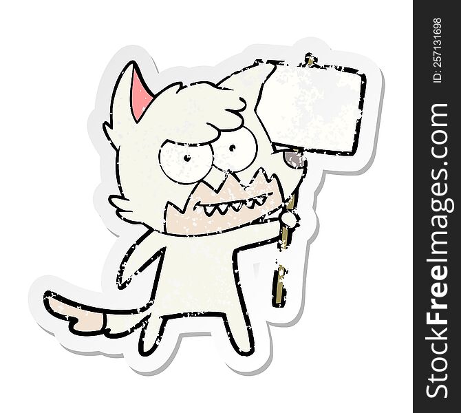 distressed sticker of a cartoon grinning fox with protest sign