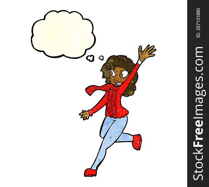 cartoon woman waving dressed for winter with thought bubble